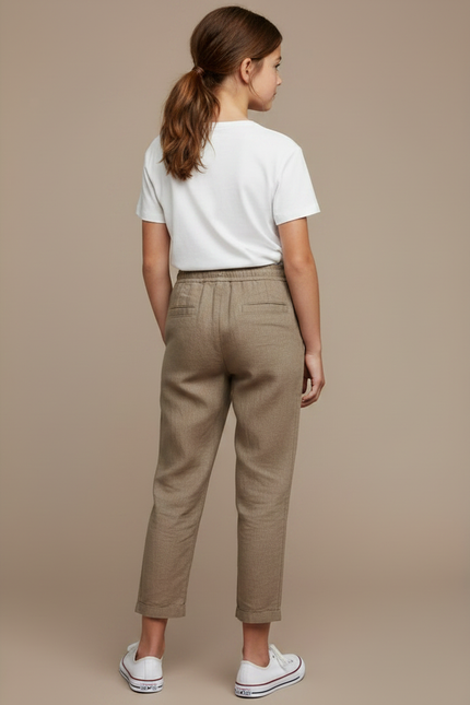 Pantalon Marron Coton Lin Ample Décontracté Cordon - Kaki - vue 2