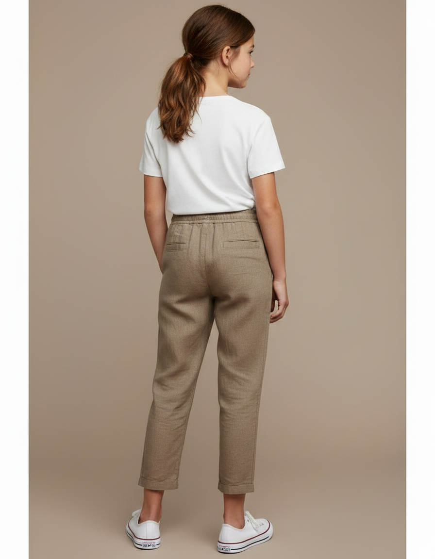 Pantalon Marron Coton Lin Ample Décontracté Cordon - Kaki - vue 2