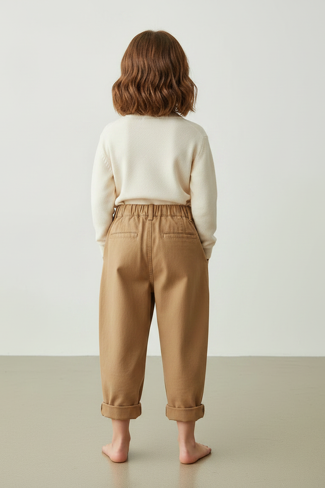 Pantalon Marron Ample Plissé Coton Enfant Décontracté - vue 2