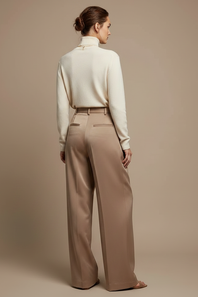 Pantalon Marron Satiné Large Taille Haute Fluide - Beige - vue 2