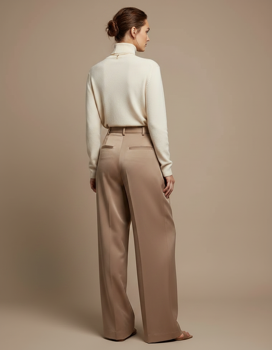 Pantalon Marron Satiné Large Taille Haute Fluide - Beige - vue 2