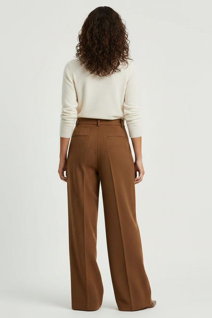 Pantalon Marron Ample Taille Haute Plissé Fluide Élégant - Laine - vue 2