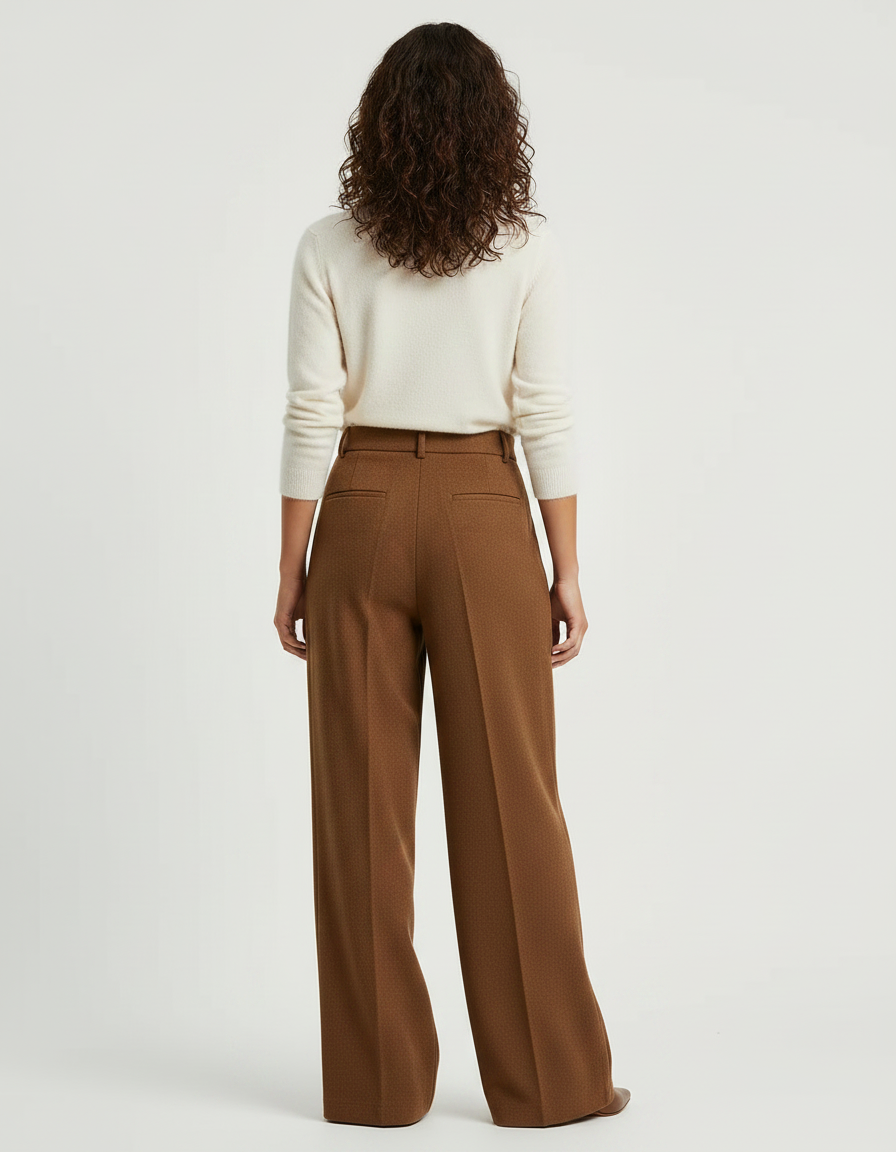Pantalon Marron Ample Taille Haute Plissé Fluide Élégant - Laine - vue 2