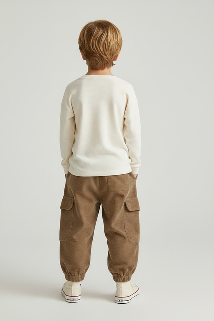 Pantalon Marron Côtelé Ample Cargo Élastiqué Enfant - Cordé - vue 2