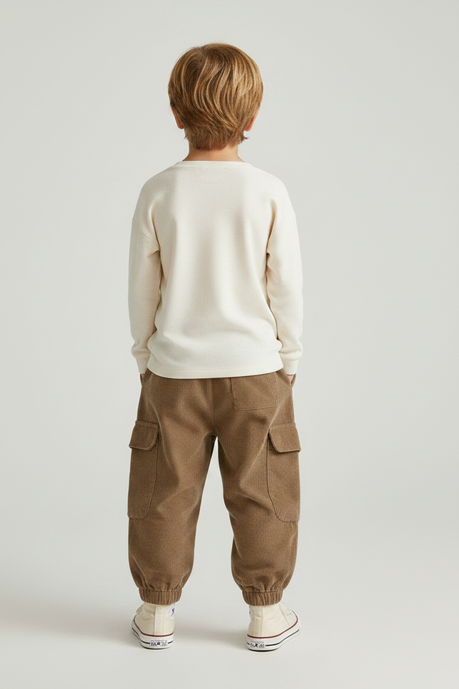 Pantalon Marron Côtelé Ample Cargo Élastiqué Enfant - Cordé - vue 2