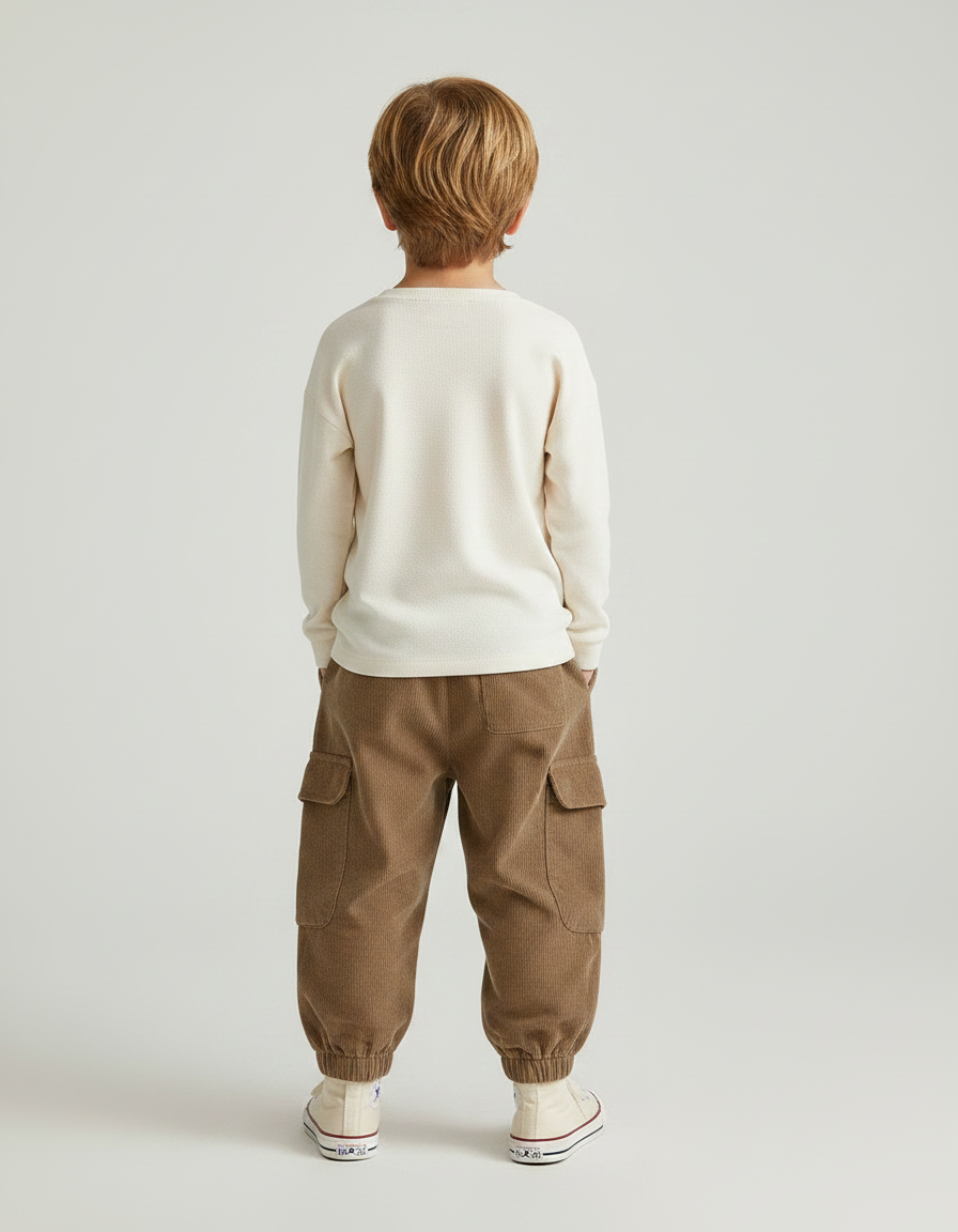 Pantalon Marron Côtelé Ample Cargo Élastiqué Enfant - Cordé - vue 2