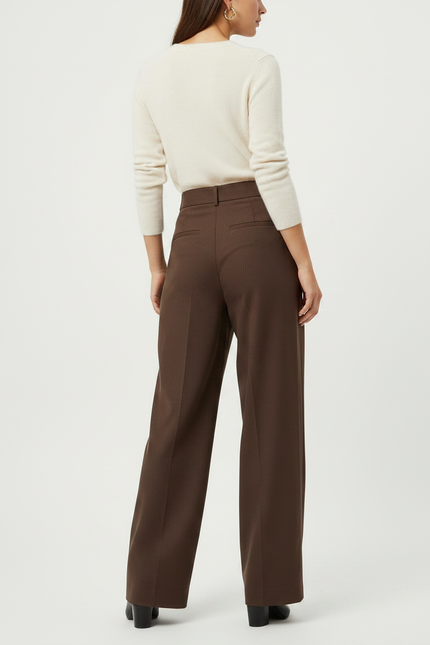 Pantalon Marron Ample Taille Haute Plissé Rayé - Laine - vue 2