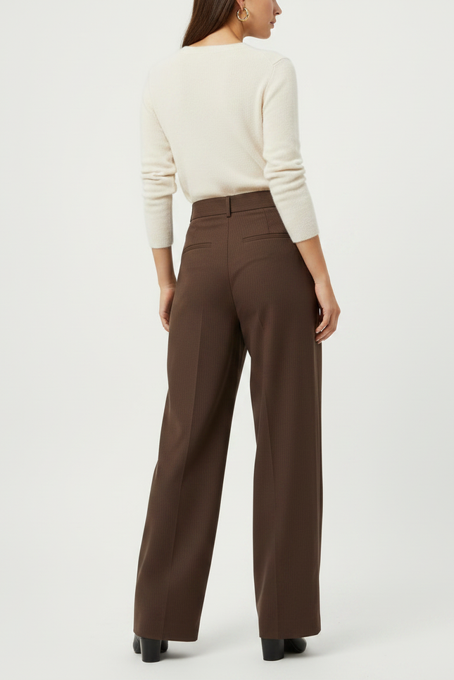 Pantalon Marron Ample Taille Haute Plissé Rayé - Laine - vue 2