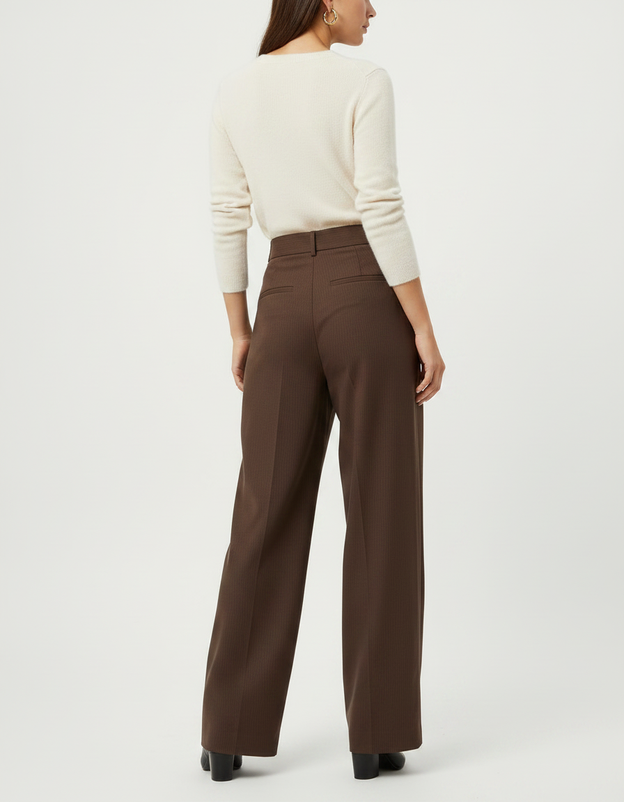Pantalon Marron Ample Taille Haute Plissé Rayé - Laine - vue 2