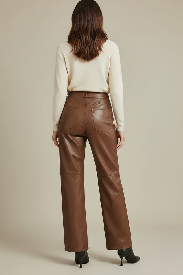 Pantalon Marron Cuir Simili Ample Élégant - Simili cuir - vue 2