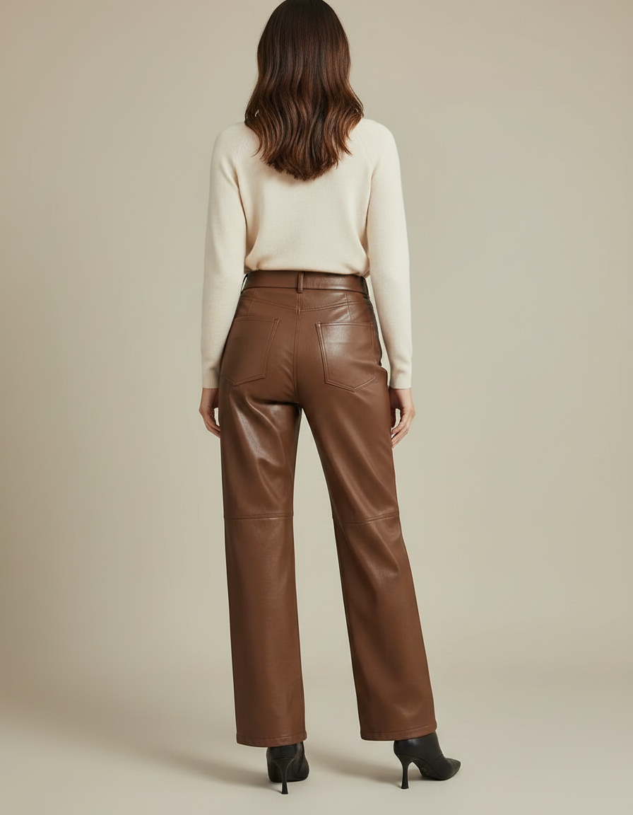 Pantalon Marron Cuir Simili Ample Élégant - Simili cuir - vue 2