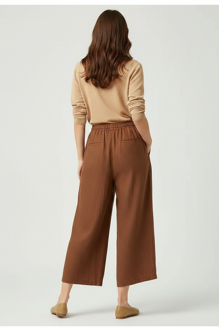 Pantalon Marron Lin Ample Cordon Fluide Femme - vue 2