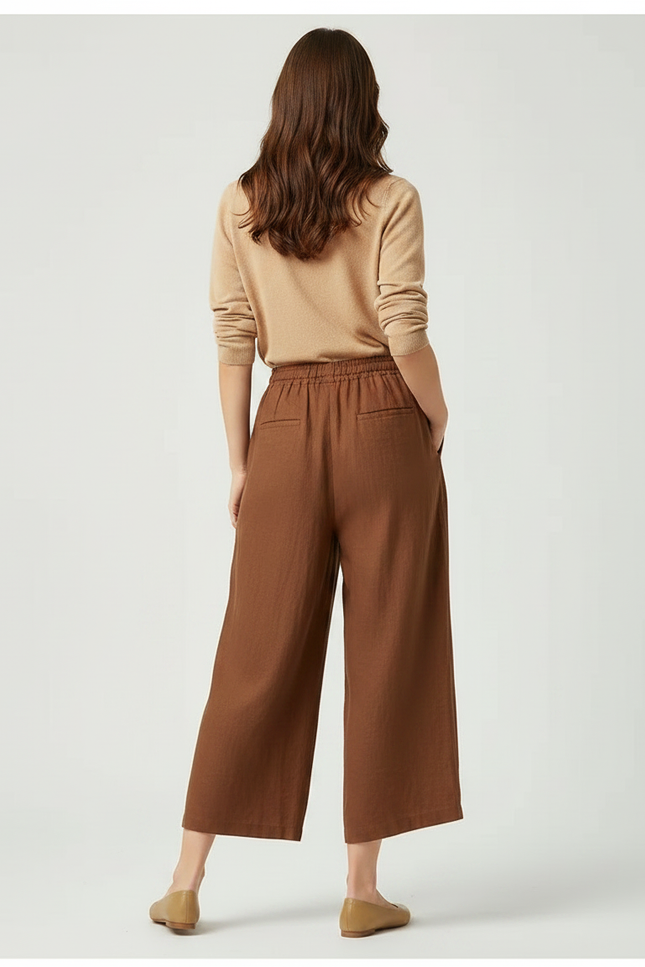 Pantalon Marron Lin Ample Cordon Fluide Femme - vue 2