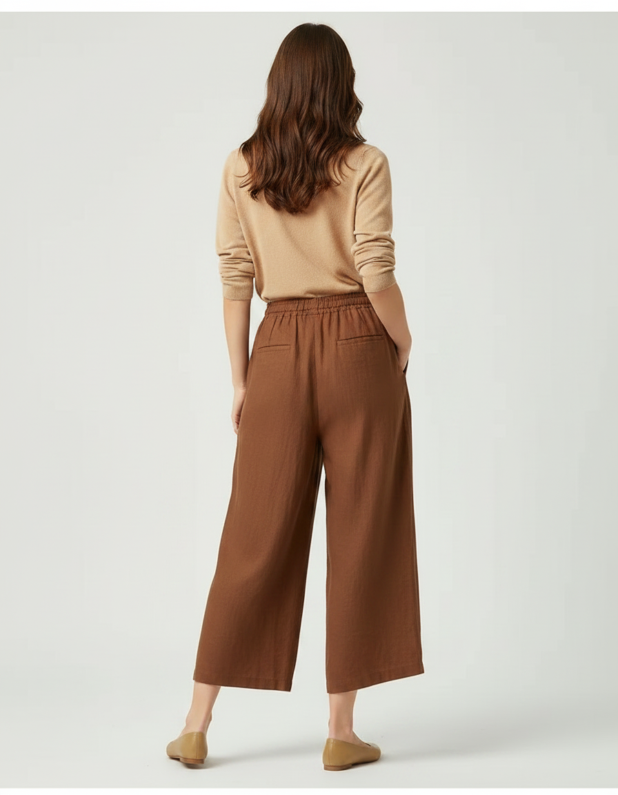 Pantalon Marron Lin Ample Cordon Fluide Femme - vue 2
