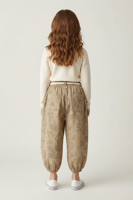 Pantalon Marron Ample Fleuri Coton Enfant Décontracté - vue 2