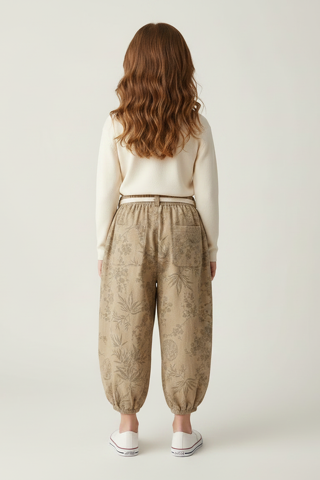 Pantalon Marron Ample Fleuri Coton Enfant Décontracté - vue 2