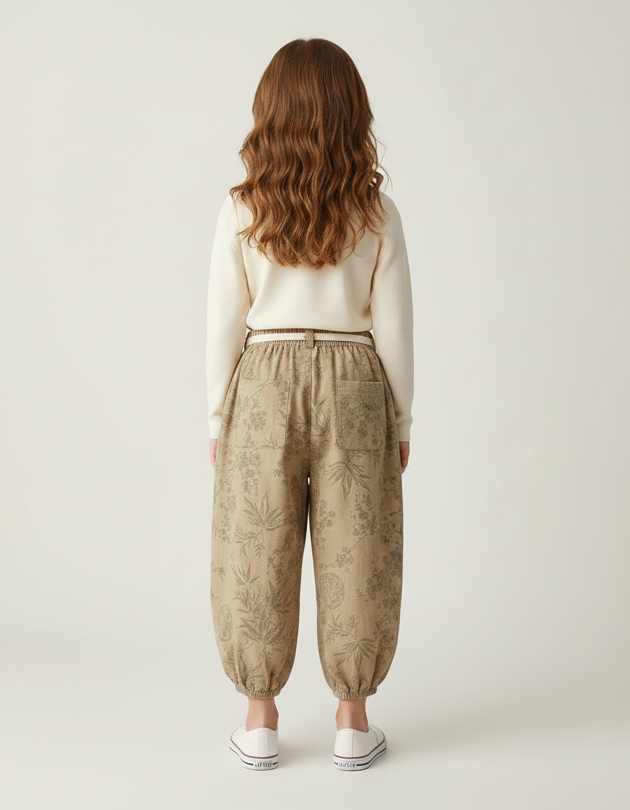 Pantalon Marron Ample Fleuri Coton Enfant Décontracté - vue 2
