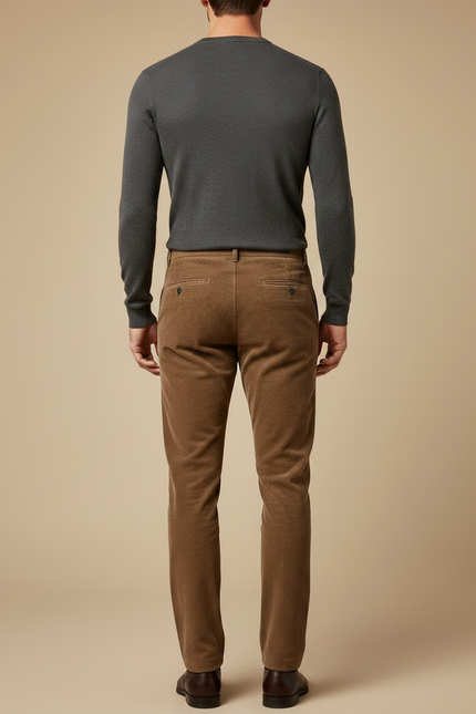 Pantalon Marron Côtelé Droit Élégant Homme Décontracté - Camel Cordé - vue 2