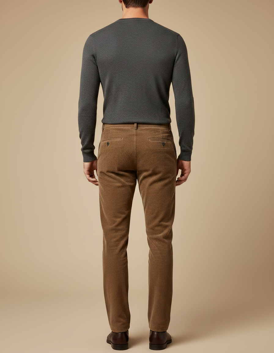 Pantalon Marron Côtelé Droit Élégant Homme Décontracté - Camel Cordé - vue 2