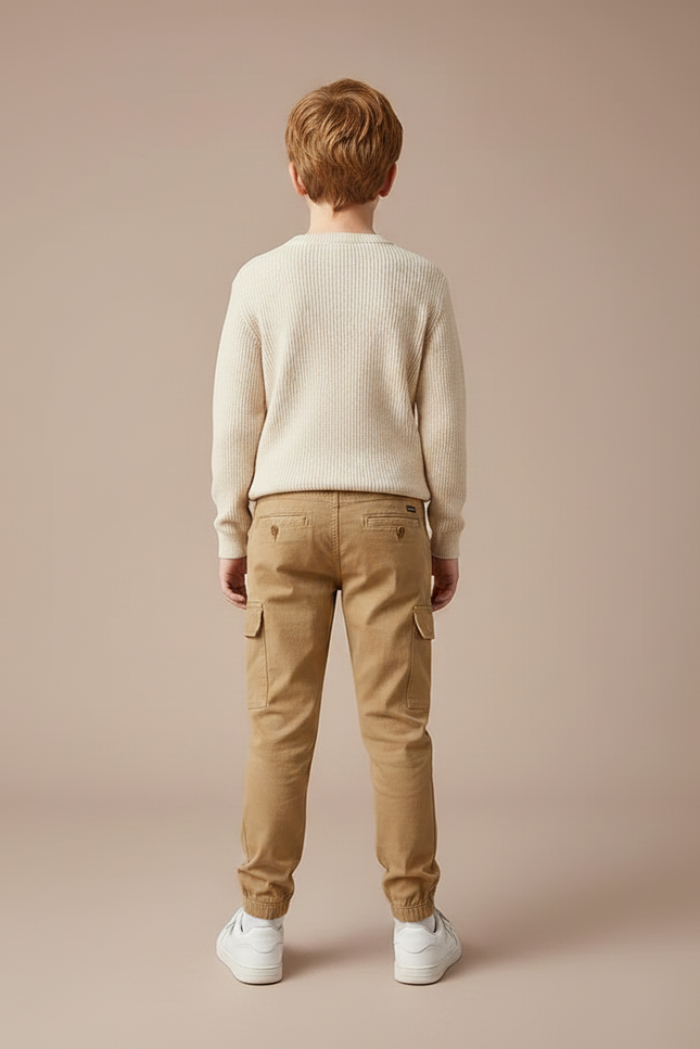 Pantalon Marron Cargo Coton Confortable Enfant - Camel Gabardine - vue 2