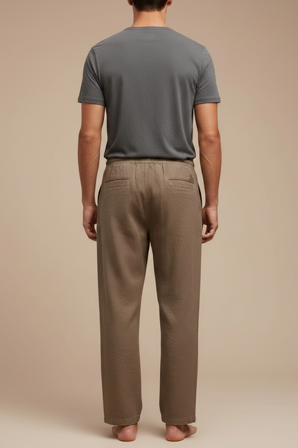 Pantalon Marron Lin Coton Ample Décontracté Droit Homme - Kaki - vue 2