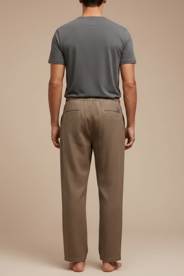 Pantalon Marron Lin Coton Ample Décontracté Droit Homme - Kaki - vue 2