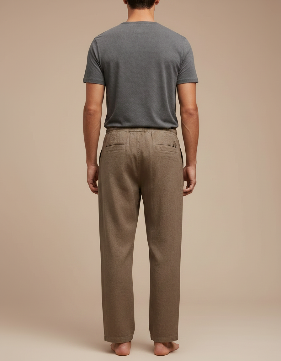 Pantalon Marron Lin Coton Ample Décontracté Droit Homme - Kaki - vue 2