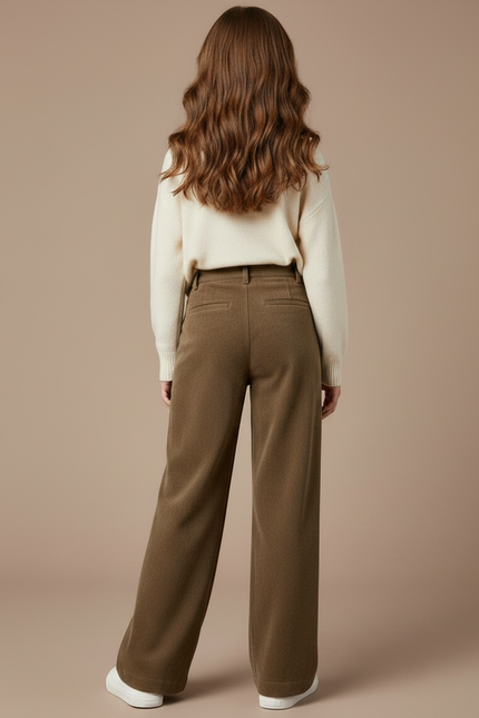 Pantalon Marron Ample Droit Taille Haute Doublé Polaire - Laine - vue 2