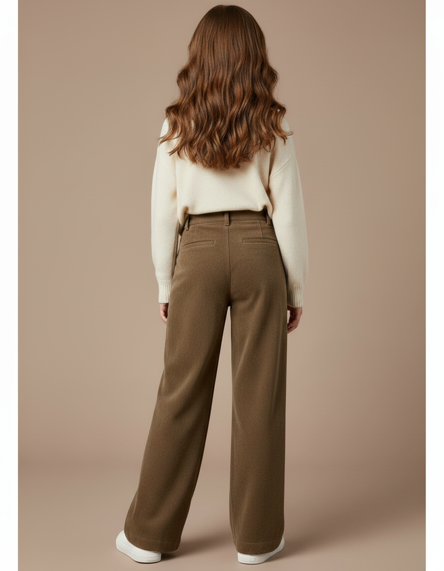 Pantalon Marron Ample Droit Taille Haute Doublé Polaire - Laine - vue 2