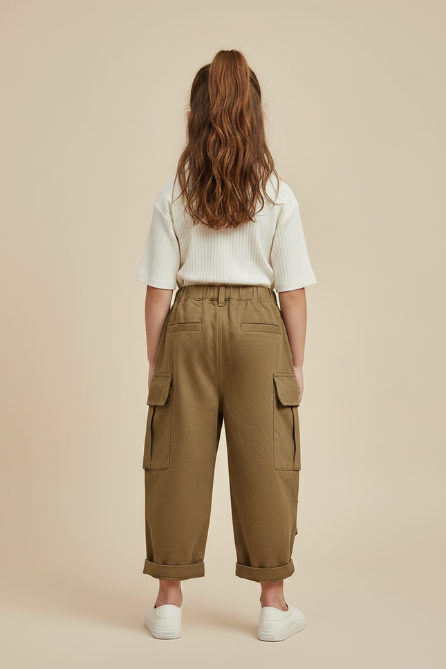 Pantalon Marron Cargo Ample Enfant Poches - Kaki Coton - vue 2