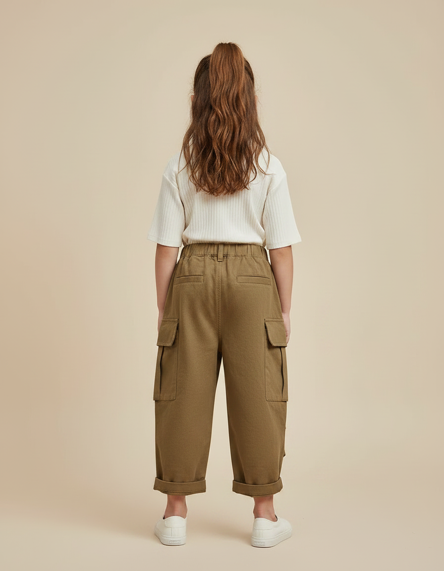 Pantalon Marron Cargo Ample Enfant Poches - Kaki Coton - vue 2