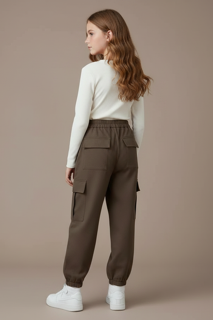 Pantalon Marron Cargo Ample Fille Poches - Gabardine - vue 2
