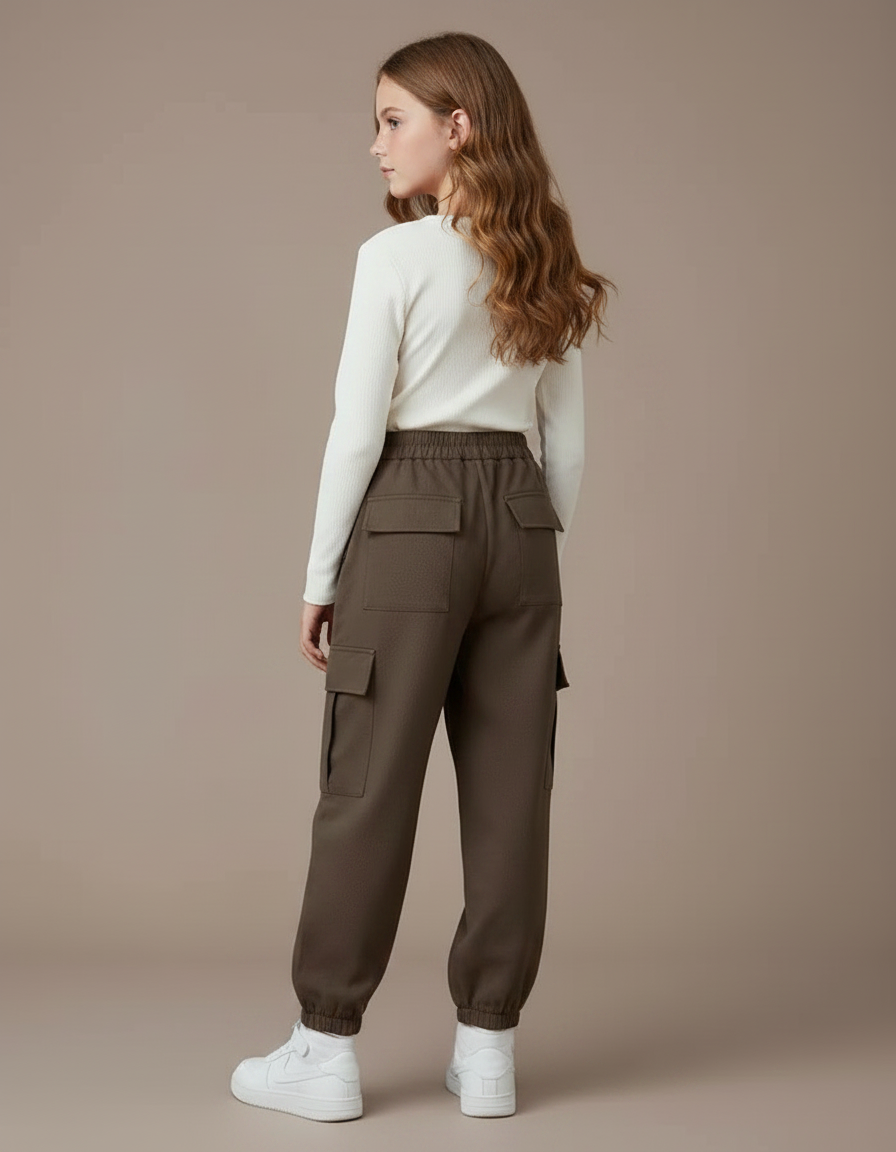 Pantalon Marron Cargo Ample Fille Poches - Gabardine - vue 2