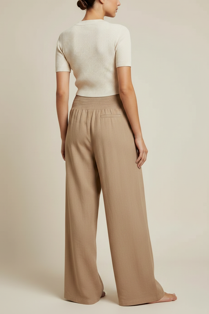 Pantalon Marron Ample Plissé Fluide Décontracté Femme - Camel Lin - vue 2
