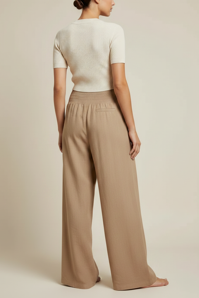 Pantalon Marron Ample Plissé Fluide Décontracté Femme - Camel Lin - vue 2