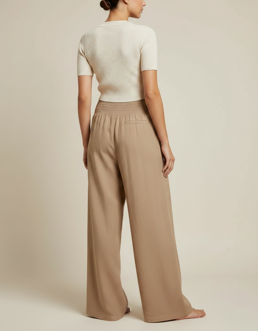 Pantalon Marron Ample Plissé Fluide Décontracté Femme - Camel Lin - vue 2