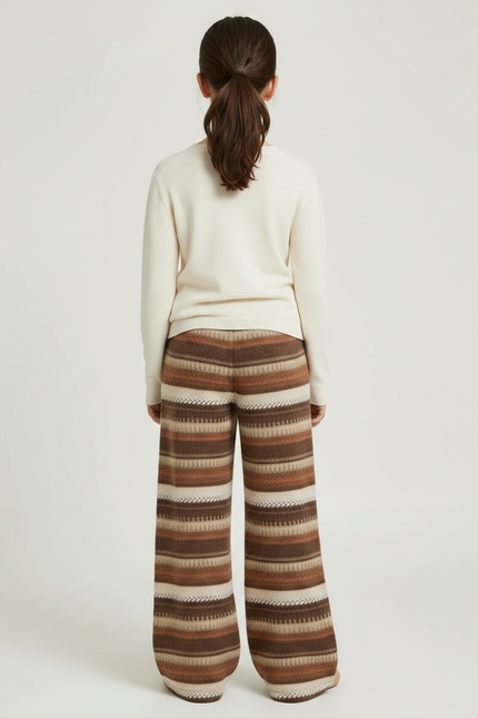 Pantalon Marron Rayé Ample Maille Confortable Enfant - vue 2