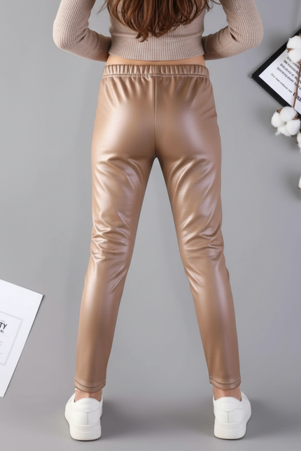 Pantalon Enduit Marron - Doré Simili cuir