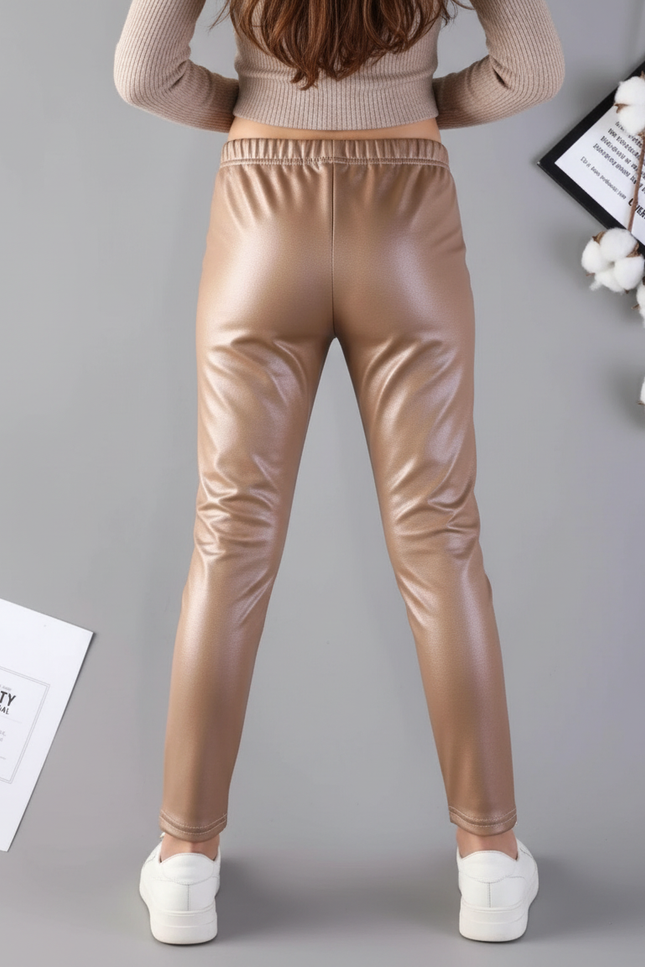 Pantalon Enduit Marron - Doré Simili cuir