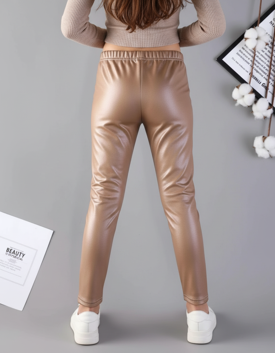 Pantalon Enduit Marron - Doré Simili cuir