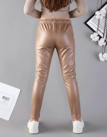 Pantalon Enduit Marron - Doré Simili cuir