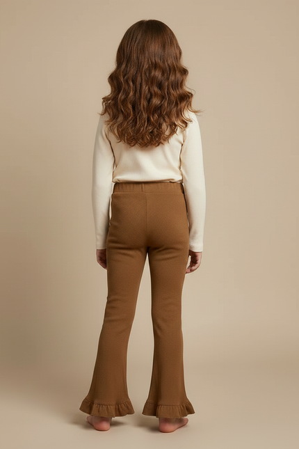 Pantalon Marron Côtelé Tricoté Fille Évasé Volants - Maille - vue 2