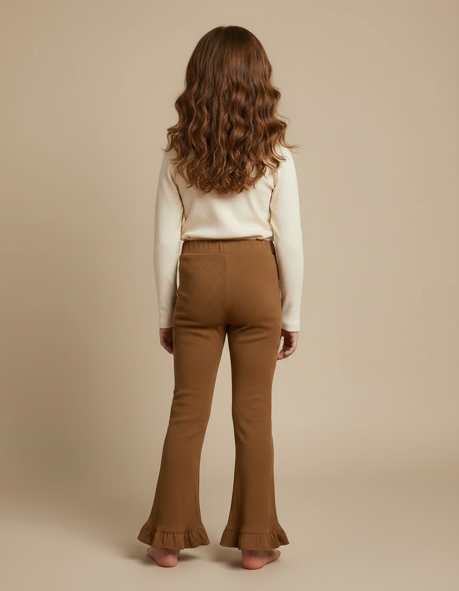 Pantalon Marron Côtelé Tricoté Fille Évasé Volants - Maille - vue 2