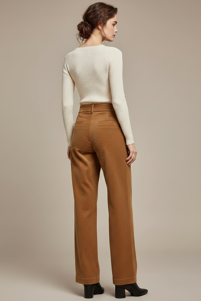 Pantalon Marron Côtelé Ample Droit Élégant Femme - Camel Cordé - vue 2