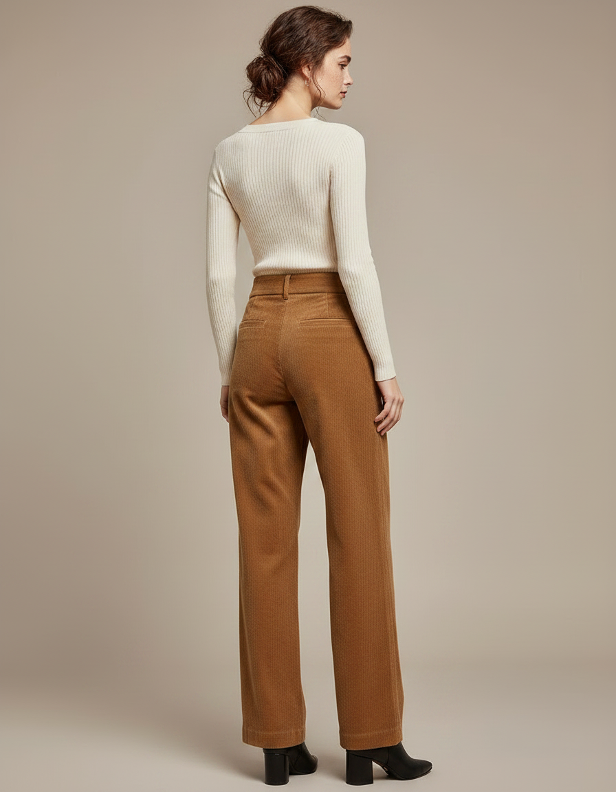Pantalon Marron Côtelé Ample Droit Élégant Femme - Camel Cordé - vue 2
