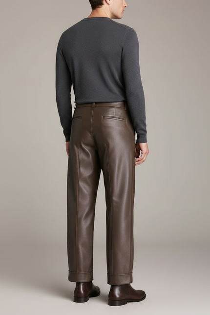 Pantalon Marron Cuir Large Élégant Homme - vue 2