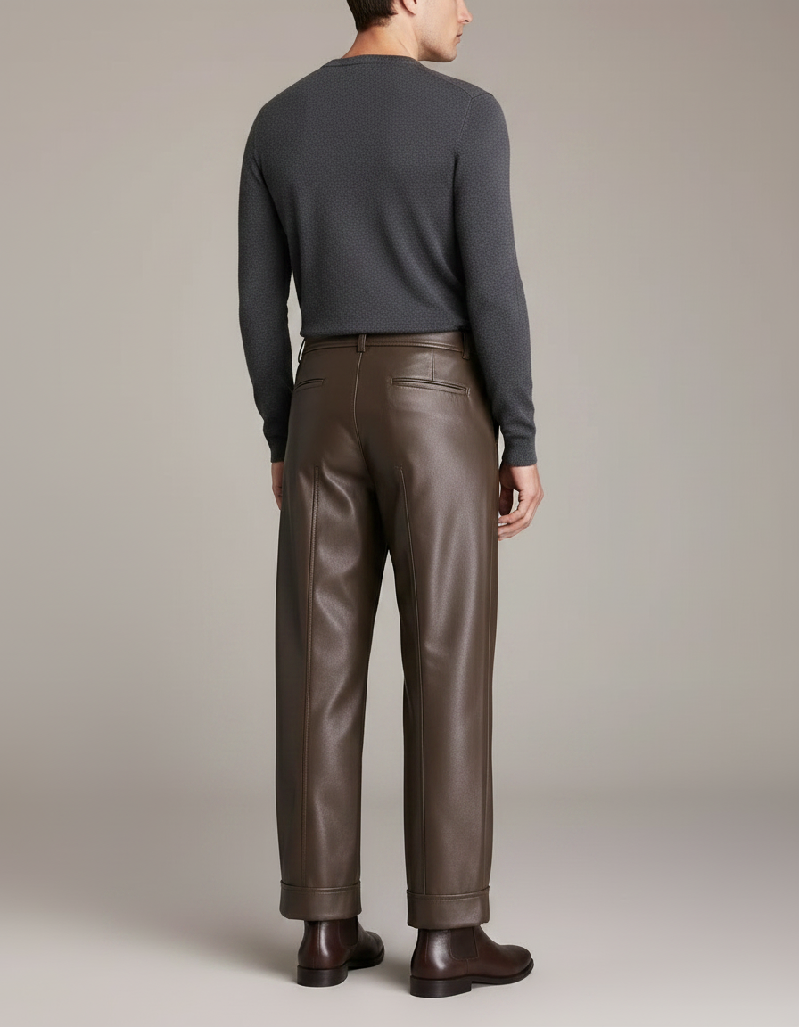 Pantalon Marron Cuir Large Élégant Homme - vue 2