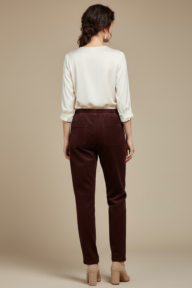Pantalon Marron Côtelé Slim Taille Haute Femme - Cordé - vue 2