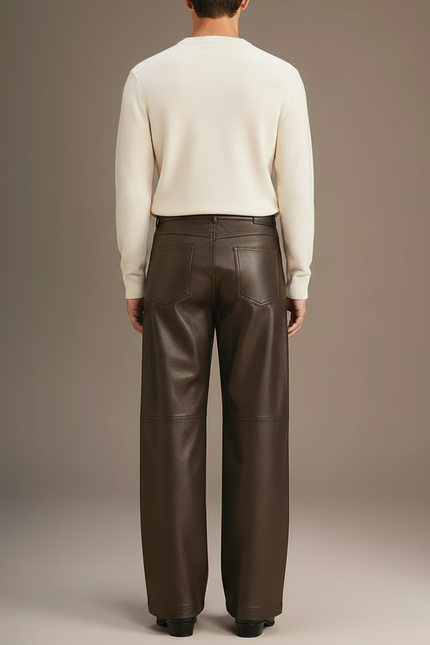Pantalon Marron Cuir Ample Élégant Homme - Simili cuir - vue 2