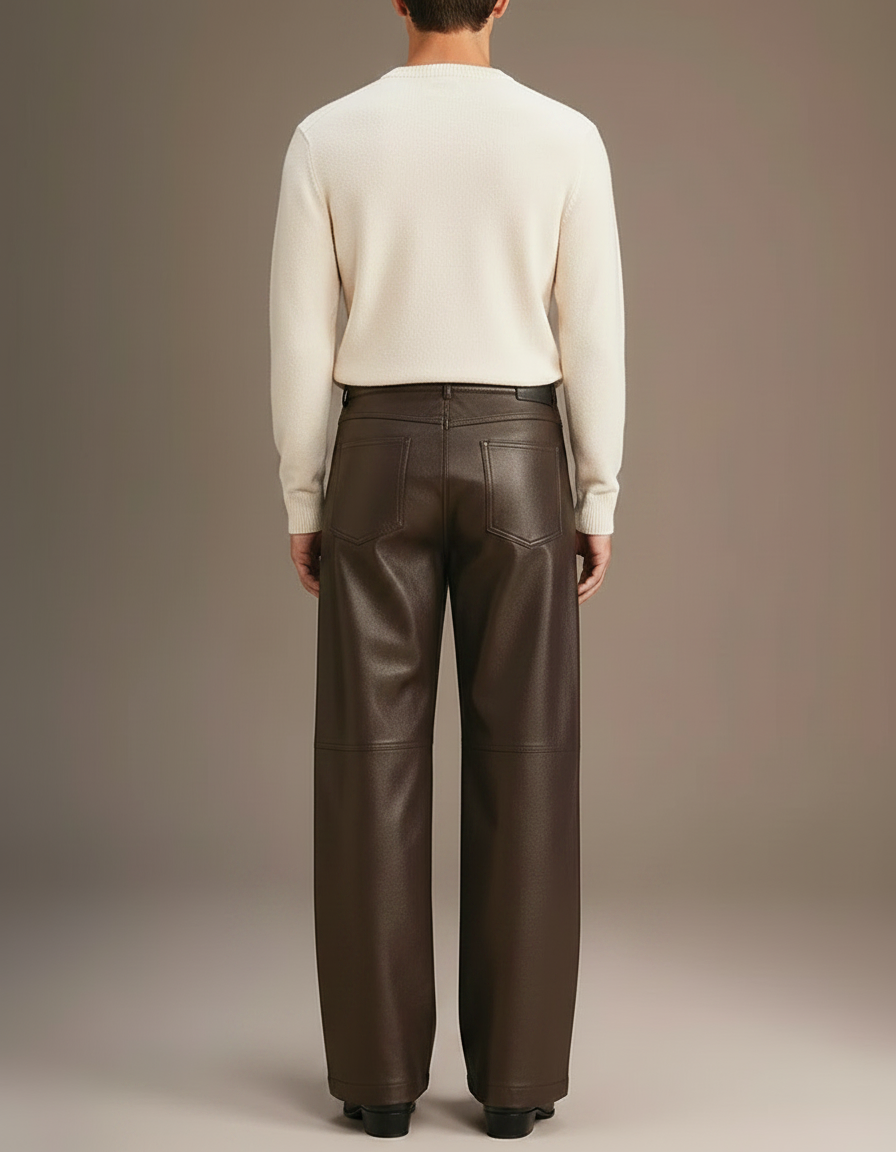 Pantalon Marron Cuir Ample Élégant Homme - Simili cuir - vue 2